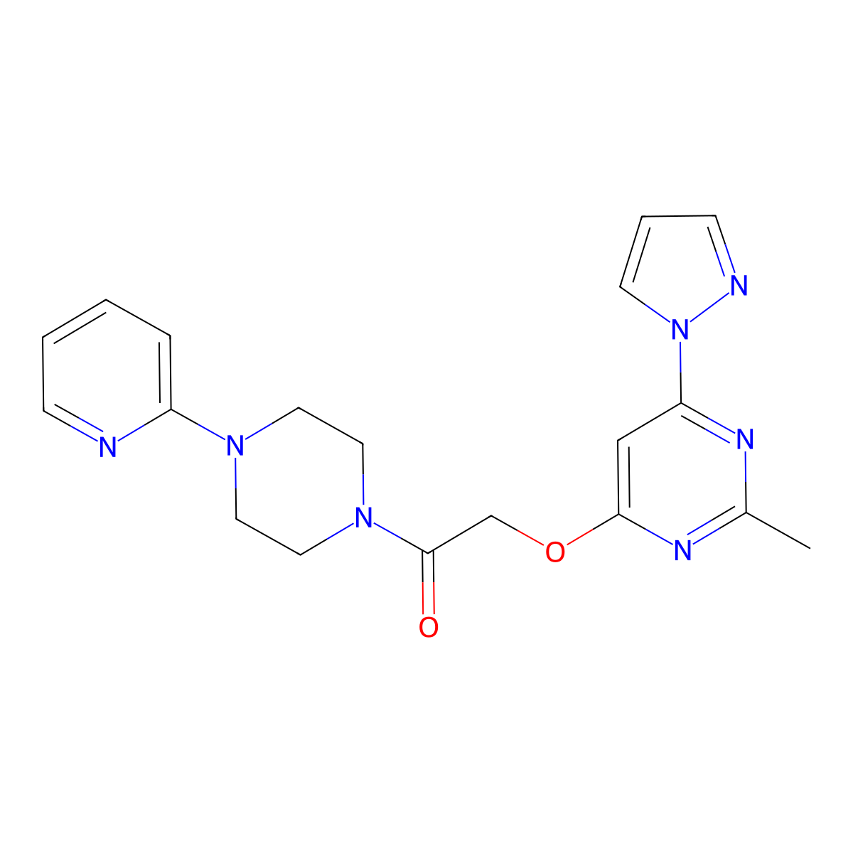 2-((2-methyl-6-(1H-pyrazol-1-yl)pyrimidin-4-yl)oxy)-1-(4-(pyridin-2-yl)piperazin-1-yl)ethanone molecular structure, CAS 1421504-90-6