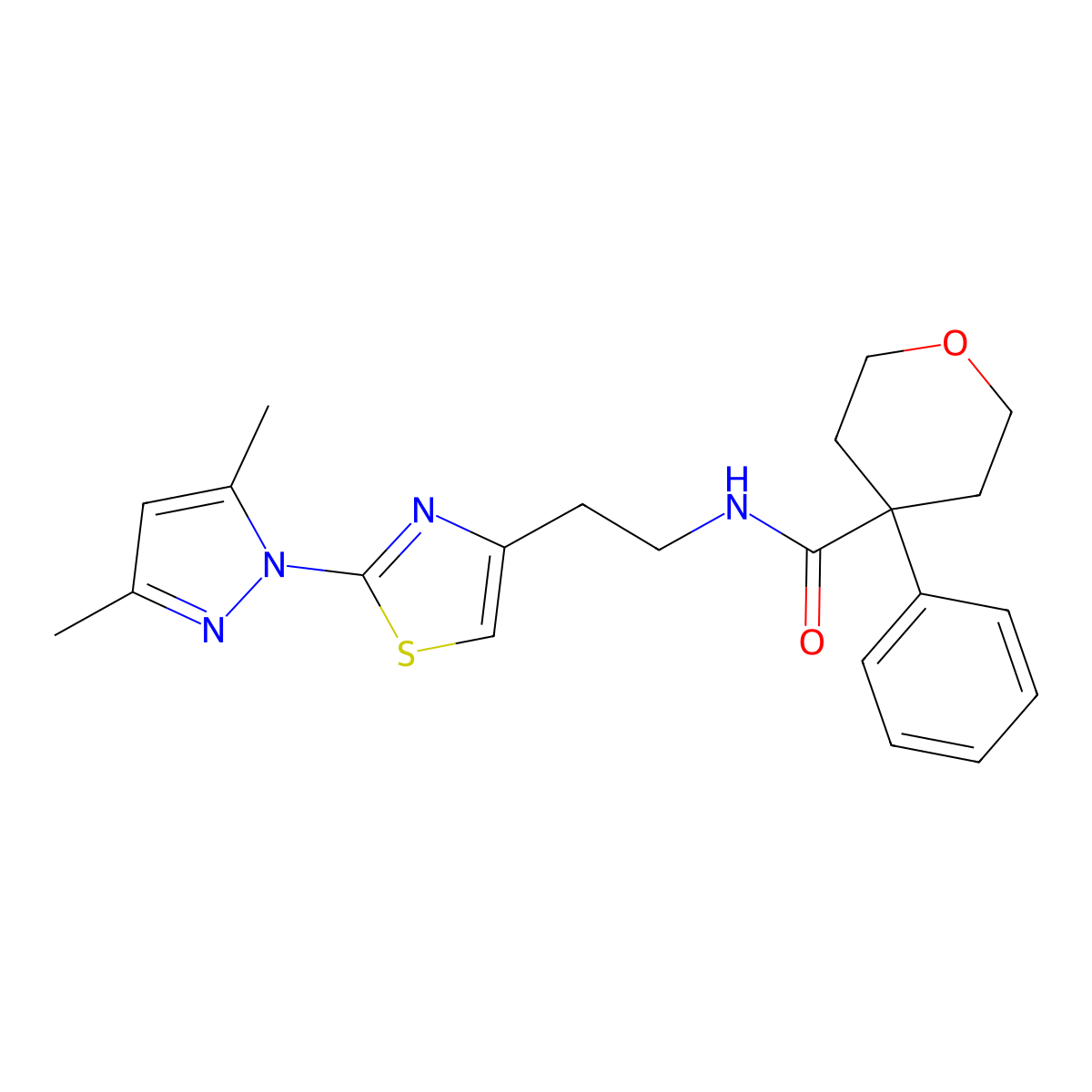 N-(2-(2-(3,5-dimethyl-1H-pyrazol-1-yl)thiazol-4-yl)ethyl)-4-phenyltetrahydro-2H-pyran-4-carboxamide molecular structure, CAS 1421504-92-8