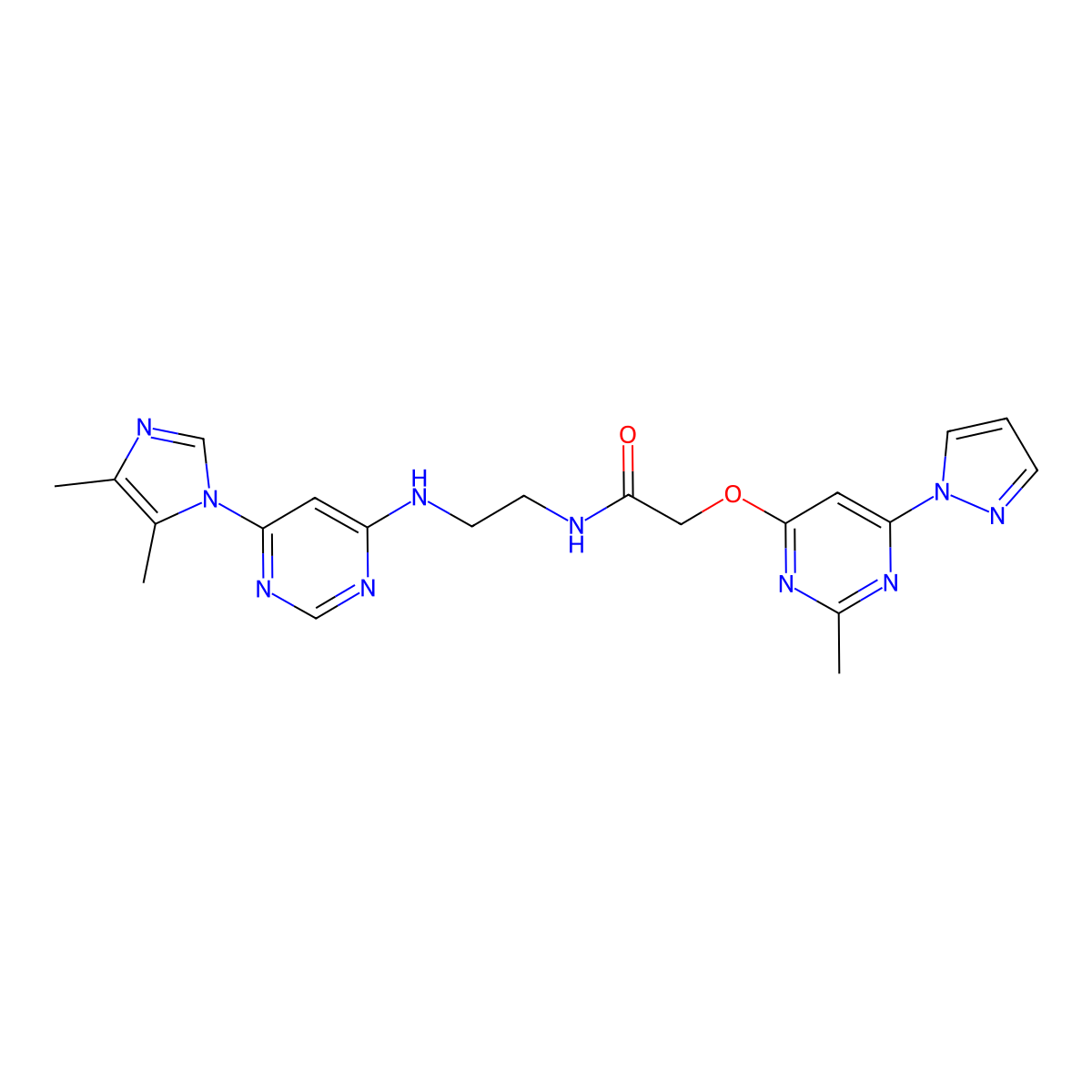 N-(2-((6-(4,5-dimethyl-1H-imidazol-1-yl)pyrimidin-4-yl)amino)ethyl)-2-((2-methyl-6-(1H-pyrazol-1-yl)pyrimidin-4-yl)oxy)acetamide molecular structure, CAS 1421504-97-3