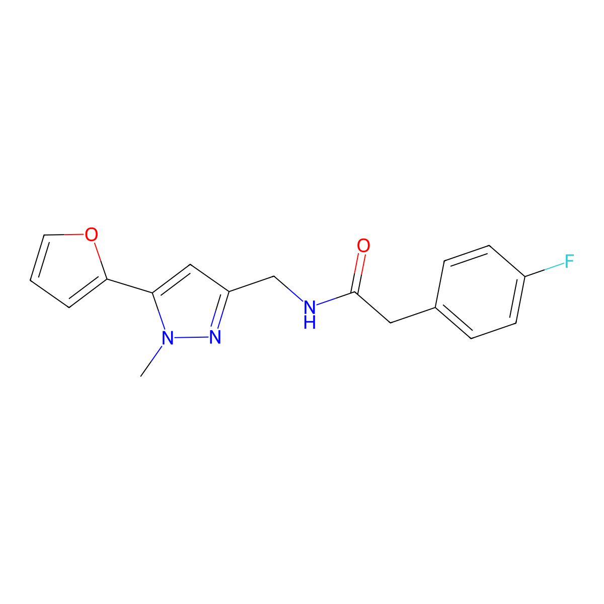 2-(4-fluorophenyl)-N-{[5-(furan-2-yl)-1-methyl-1H-pyrazol-3-yl]methyl}acetamide molecular structure, CAS 1421505-02-3