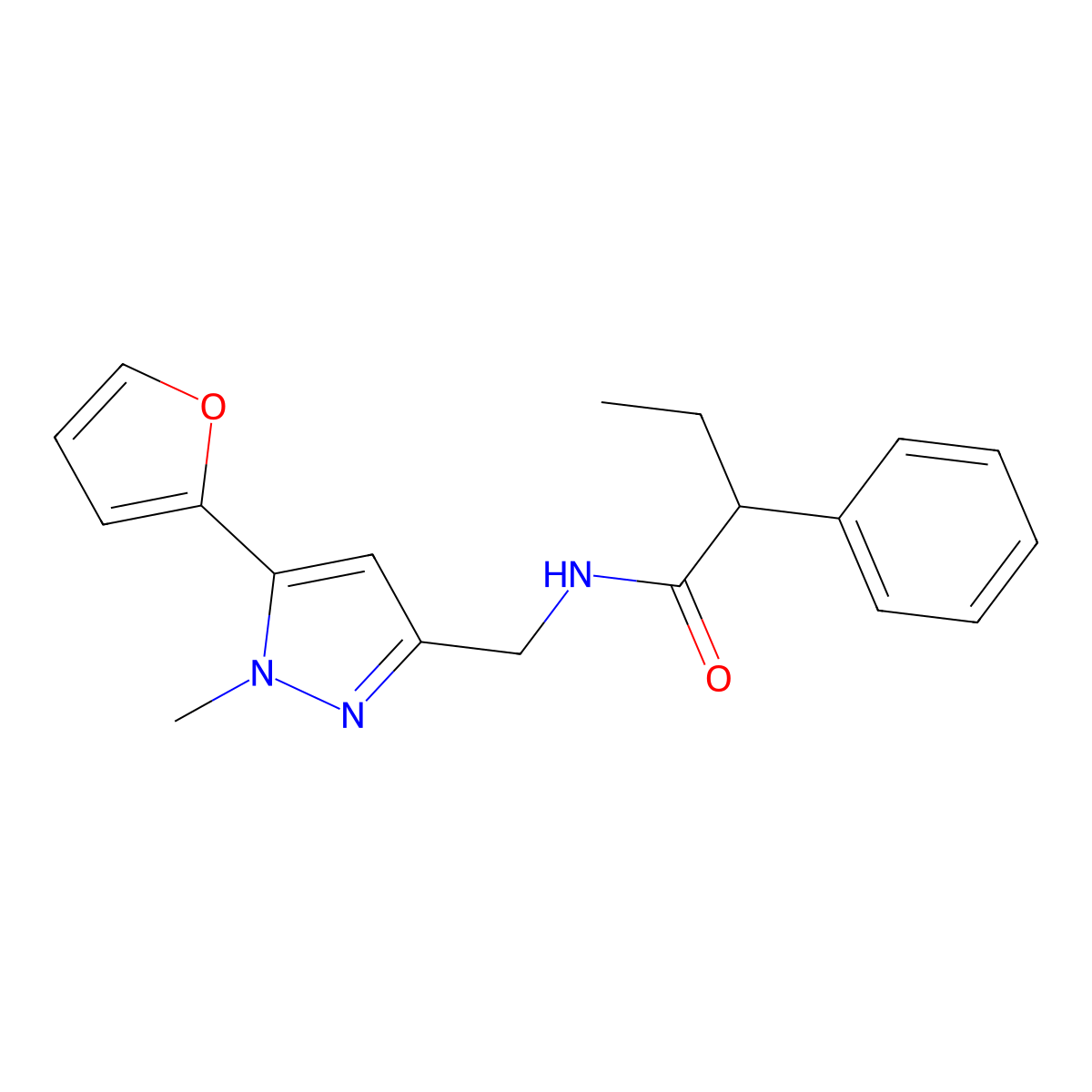 N-{[5-(furan-2-yl)-1-methyl-1H-pyrazol-3-yl]methyl}-2-phenylbutanamide molecular structure, CAS 1421505-14-7