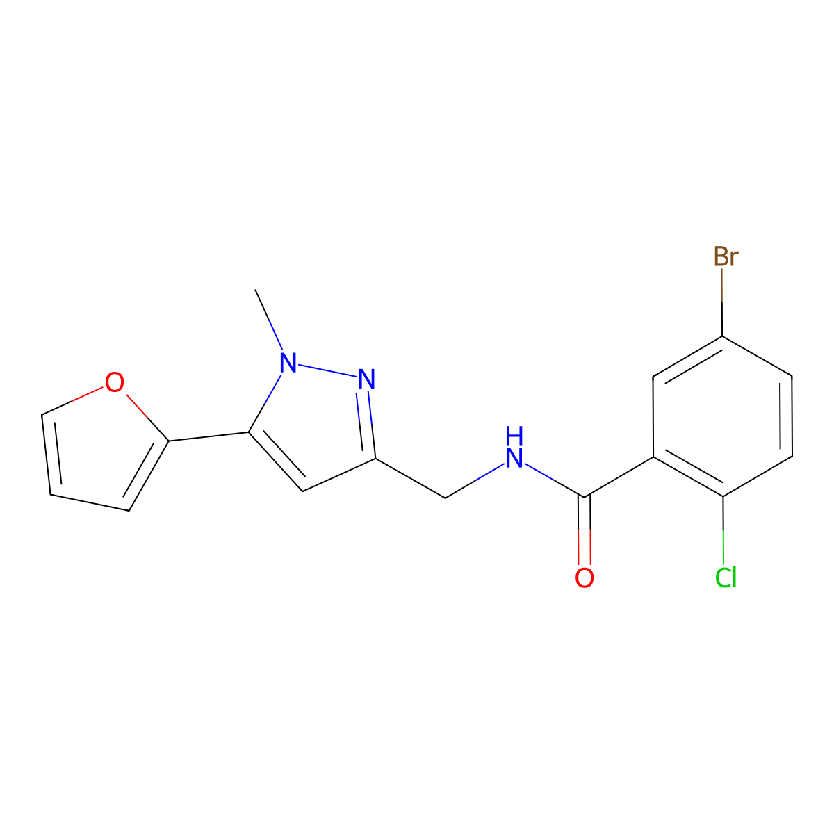 5-bromo-2-chloro-N-((5-(furan-2-yl)-1-methyl-1H-pyrazol-3-yl)methyl)benzamide molecular structure, CAS 1421505-22-7