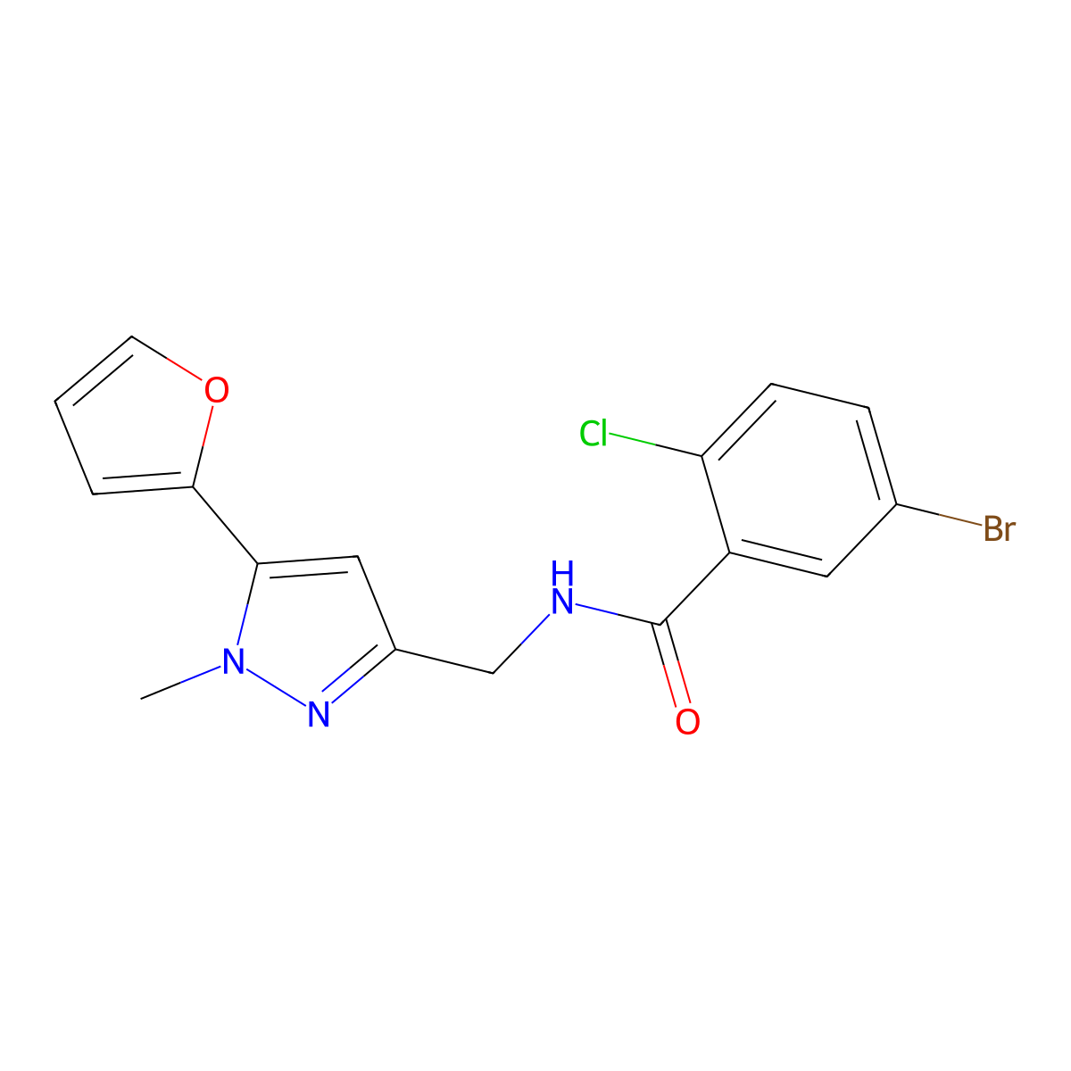 5-bromo-2-chloro-N-((5-(furan-2-yl)-1-methyl-1H-pyrazol-3-yl)methyl)benzamide molecular structure, CAS 1421505-22-7