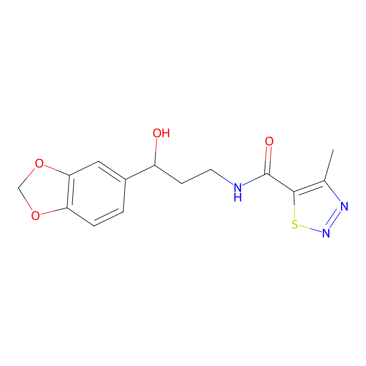 N-(3-(benzo[d][1,3]dioxol-5-yl)-3-hydroxypropyl)-4-methyl-1,2,3-thiadiazole-5-carboxamide molecular structure, CAS 1421505-23-8