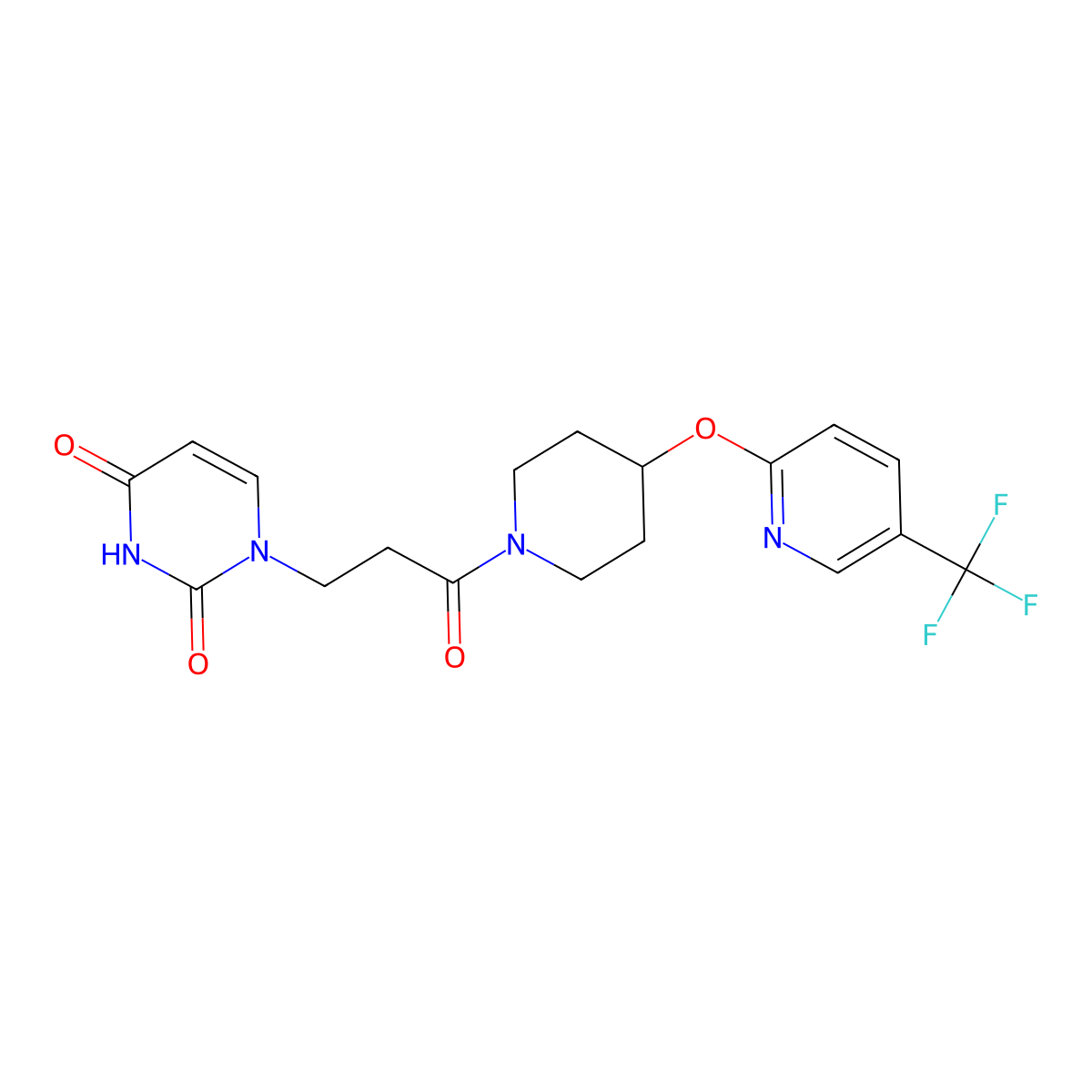 1-(3-oxo-3-(4-((5-(trifluoromethyl)pyridin-2-yl)oxy)piperidin-1-yl)propyl)pyrimidine-2,4(1H,3H)-dione molecular structure, CAS 1421505-24-9