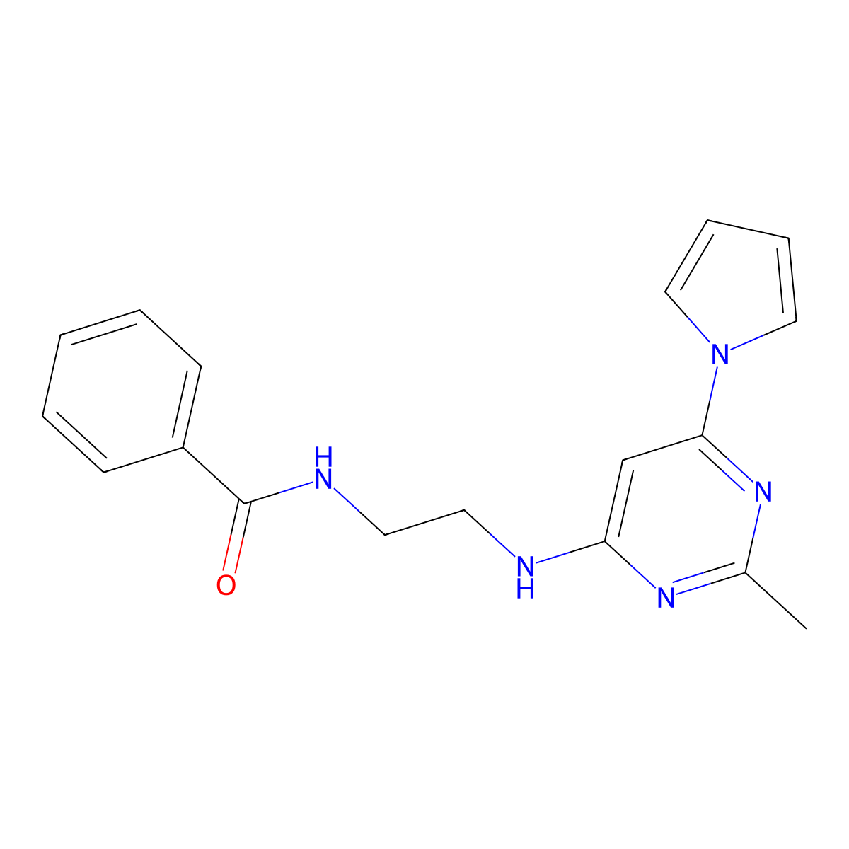 N-(2-{[2-methyl-6-(1H-pyrrol-1-yl)pyrimidin-4-yl]amino}ethyl)benzamide molecular structure, CAS 1421505-27-2