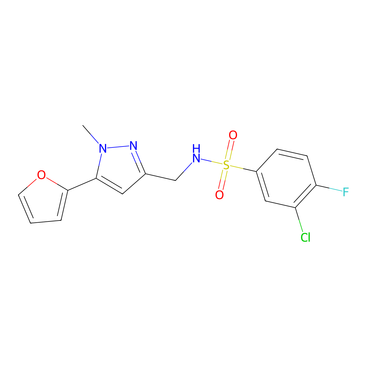 3-chloro-4-fluoro-N-((5-(furan-2-yl)-1-methyl-1H-pyrazol-3-yl)methyl)benzenesulfonamide molecular structure, CAS 1421505-32-9