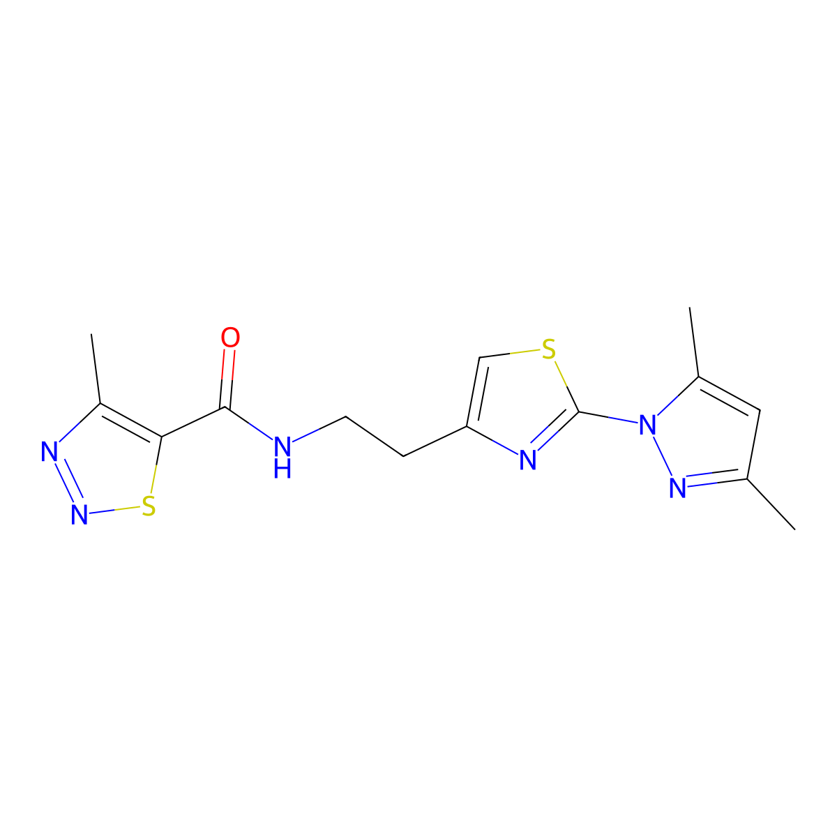 N-{2-[2-(3,5-dimethyl-1H-pyrazol-1-yl)-1,3-thiazol-4-yl]ethyl}-4-methyl-1,2,3-thiadiazole-5-carboxamide molecular structure, CAS 1421505-33-0