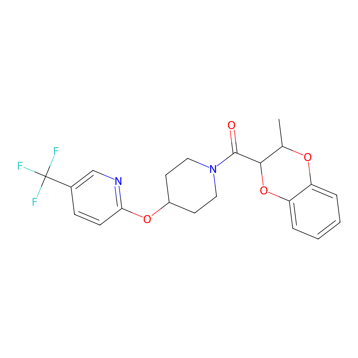 (3-Methyl-2,3-dihydrobenzo[b][1,4]dioxin-2-yl)(4-((5-(trifluoromethyl)pyridin-2-yl)oxy)piperidin-1-yl)methanone molecular structure, CAS 1421505-34-1