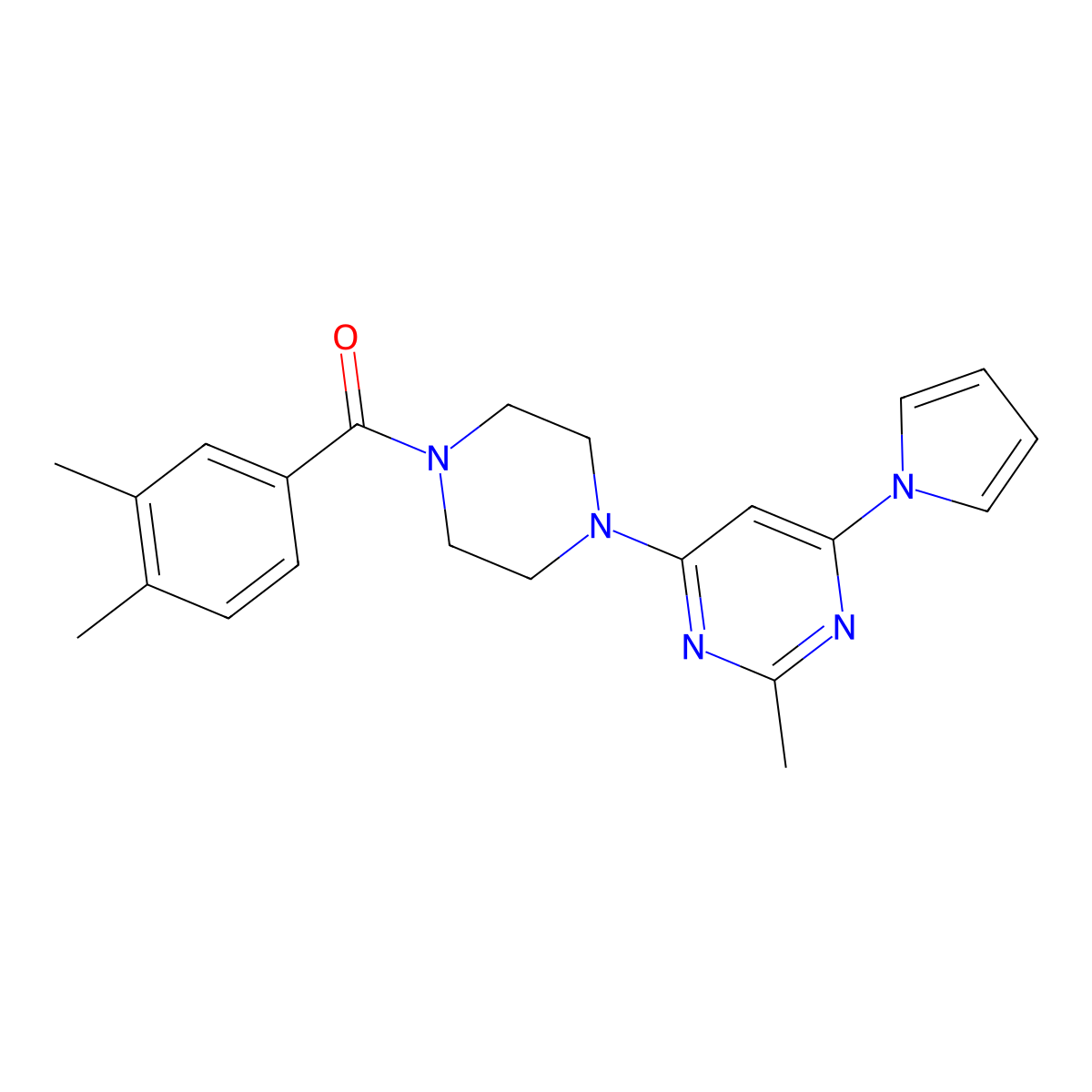 (3,4-dimethylphenyl)(4-(2-methyl-6-(1H-pyrrol-1-yl)pyrimidin-4-yl)piperazin-1-yl)methanone molecular structure, CAS 1421505-35-2