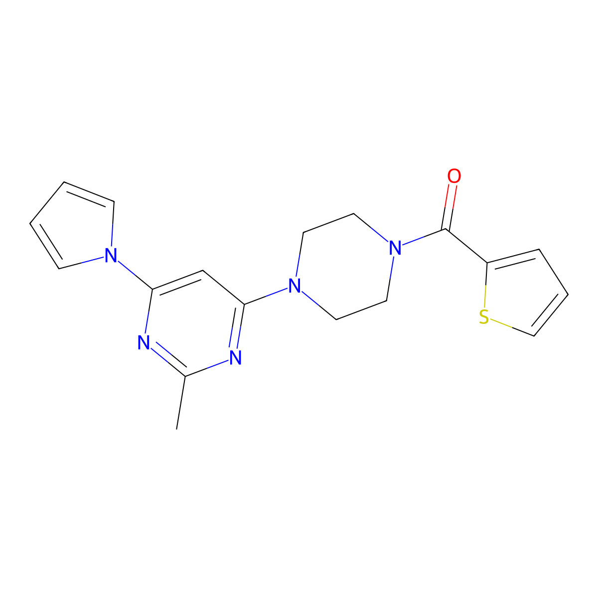 (4-(2-methyl-6-(1H-pyrrol-1-yl)pyrimidin-4-yl)piperazin-1-yl)(thiophen-2-yl)methanone molecular structure, CAS 1421505-43-2