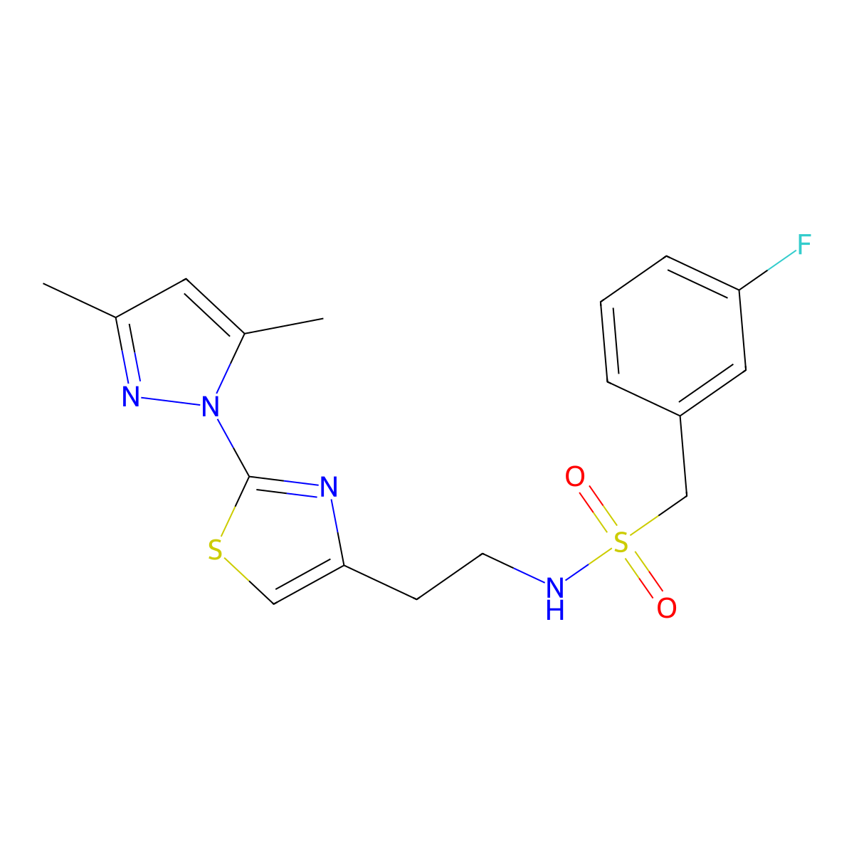 N-(2-(2-(3,5-dimethyl-1H-pyrazol-1-yl)thiazol-4-yl)ethyl)-1-(3-fluorophenyl)methanesulfonamide molecular structure, CAS 1421505-46-5