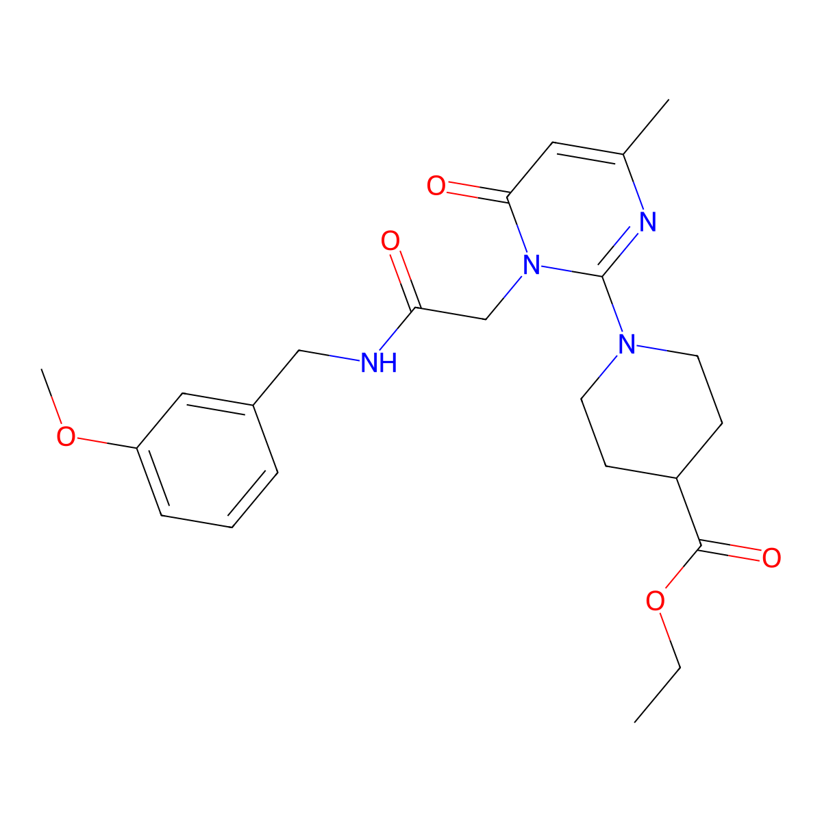 Ethyl 1-(1-(2-((3-methoxybenzyl)amino)-2-oxoethyl)-4-methyl-6-oxo-1,6-dihydropyrimidin-2-yl)piperidine-4-carboxylate molecular structure, CAS 1421505-47-6