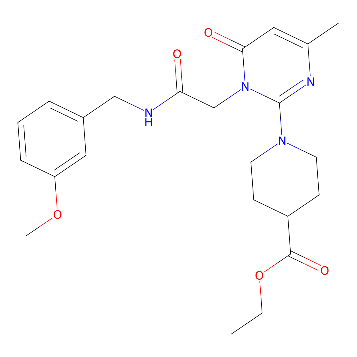 Ethyl 1-(1-(2-((3-methoxybenzyl)amino)-2-oxoethyl)-4-methyl-6-oxo-1,6-dihydropyrimidin-2-yl)piperidine-4-carboxylate molecular structure, CAS 1421505-47-6