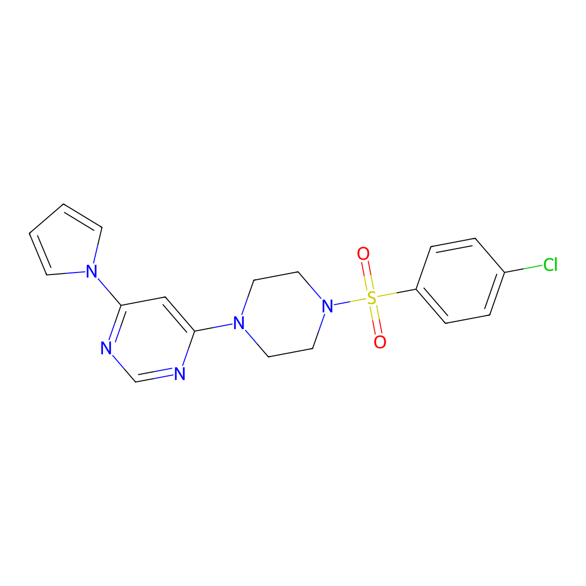4-(4-((4-chlorophenyl)sulfonyl)piperazin-1-yl)-6-(1H-pyrrol-1-yl)pyrimidine molecular structure, CAS 1421505-55-6