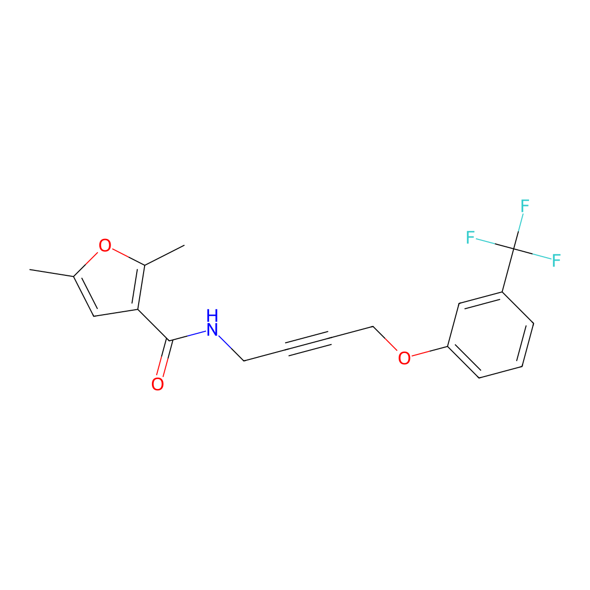 2,5-Dimethyl-N-{4-[3-(trifluoromethyl)phenoxy]but-2-YN-1-YL}furan-3-carboxamide molecular structure, CAS 1421505-61-4