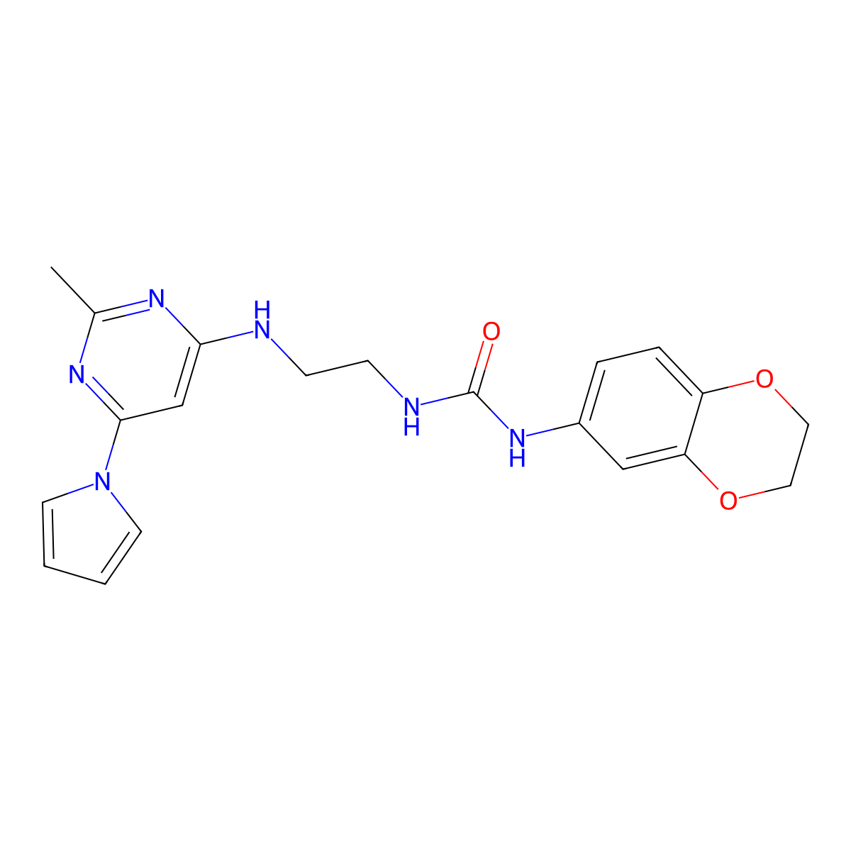 1-(2,3-dihydrobenzo[b][1,4]dioxin-6-yl)-3-(2-((2-methyl-6-(1H-pyrrol-1-yl)pyrimidin-4-yl)amino)ethyl)urea molecular structure, CAS 1421505-63-6