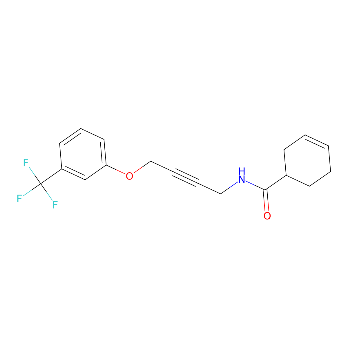 N-(4-(3-(trifluoromethyl)phenoxy)but-2-yn-1-yl)cyclohex-3-enecarboxamide molecular structure, CAS 1421505-66-9