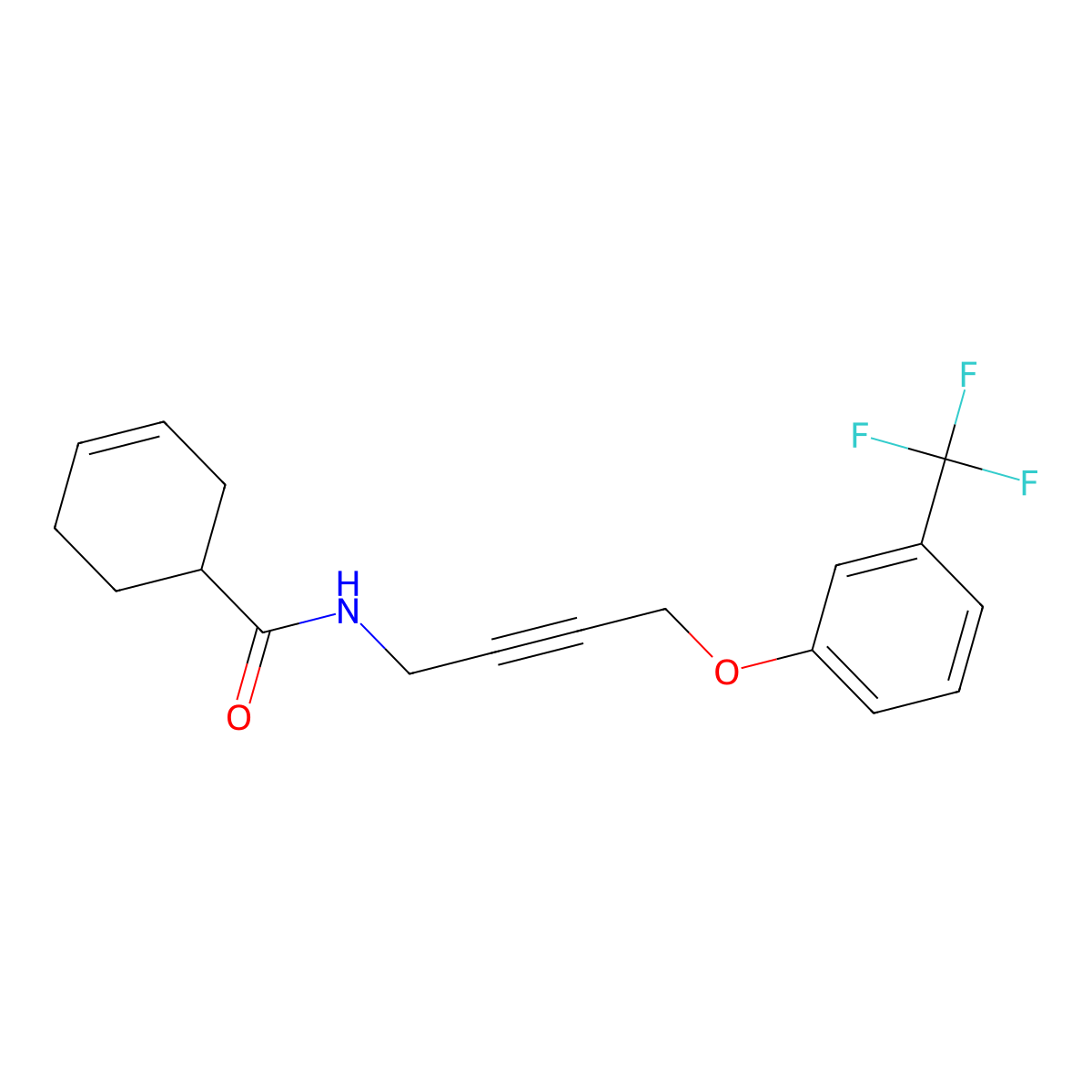 N-(4-(3-(trifluoromethyl)phenoxy)but-2-yn-1-yl)cyclohex-3-enecarboxamide molecular structure, CAS 1421505-66-9