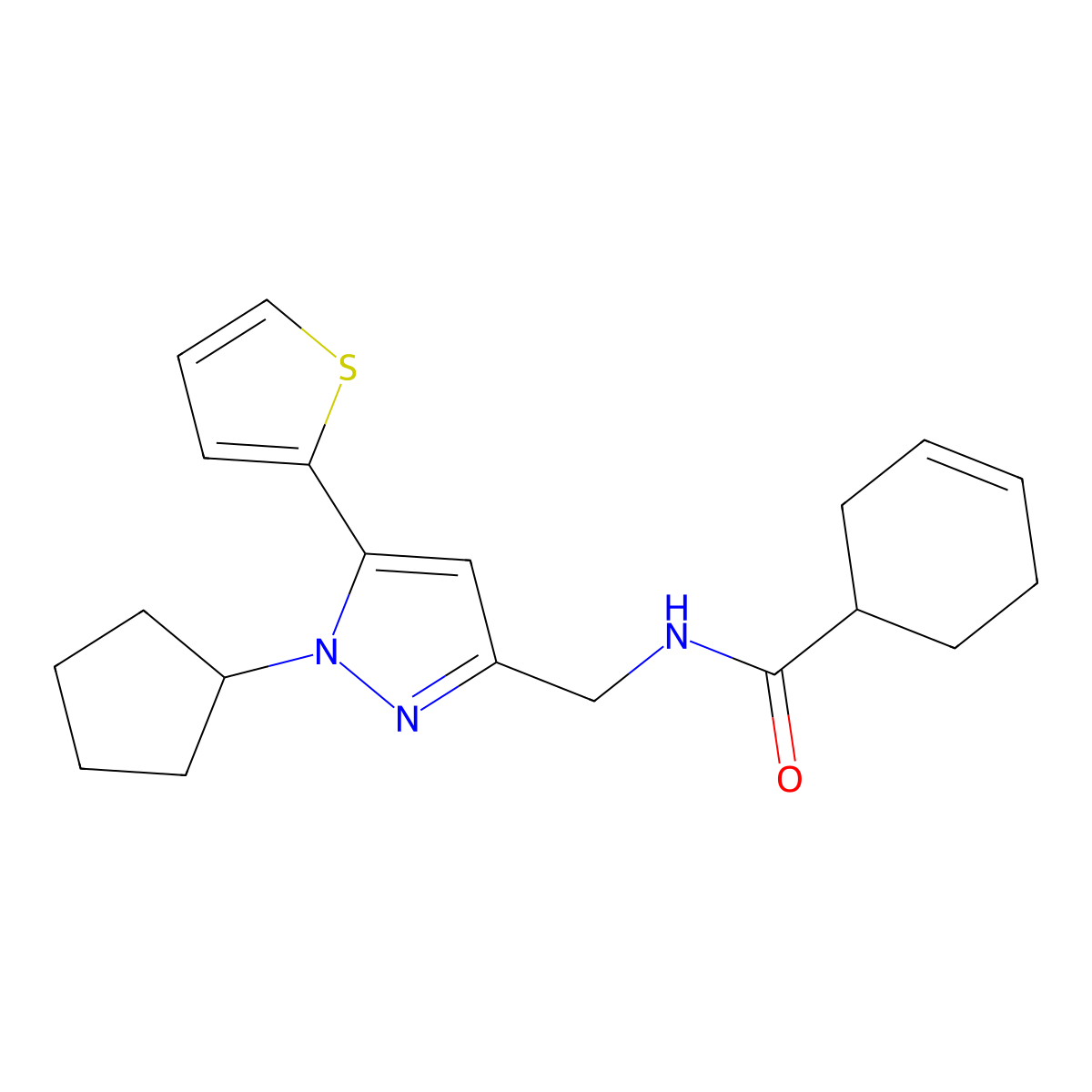 N-((1-cyclopentyl-5-(thiophen-2-yl)-1H-pyrazol-3-yl)methyl)cyclohex-3-enecarboxamide molecular structure, CAS 1421505-73-8