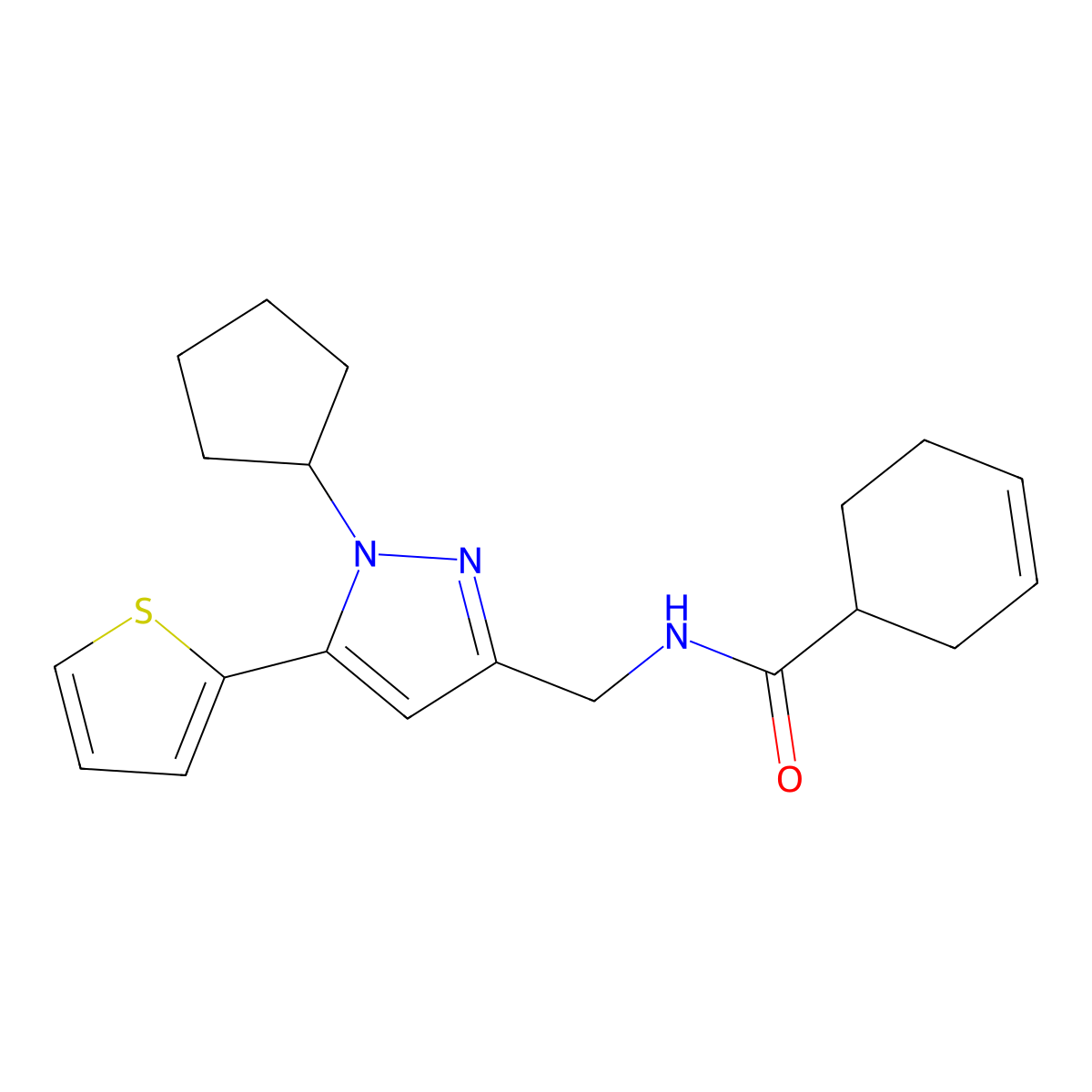 N-((1-cyclopentyl-5-(thiophen-2-yl)-1H-pyrazol-3-yl)methyl)cyclohex-3-enecarboxamide molecular structure, CAS 1421505-73-8