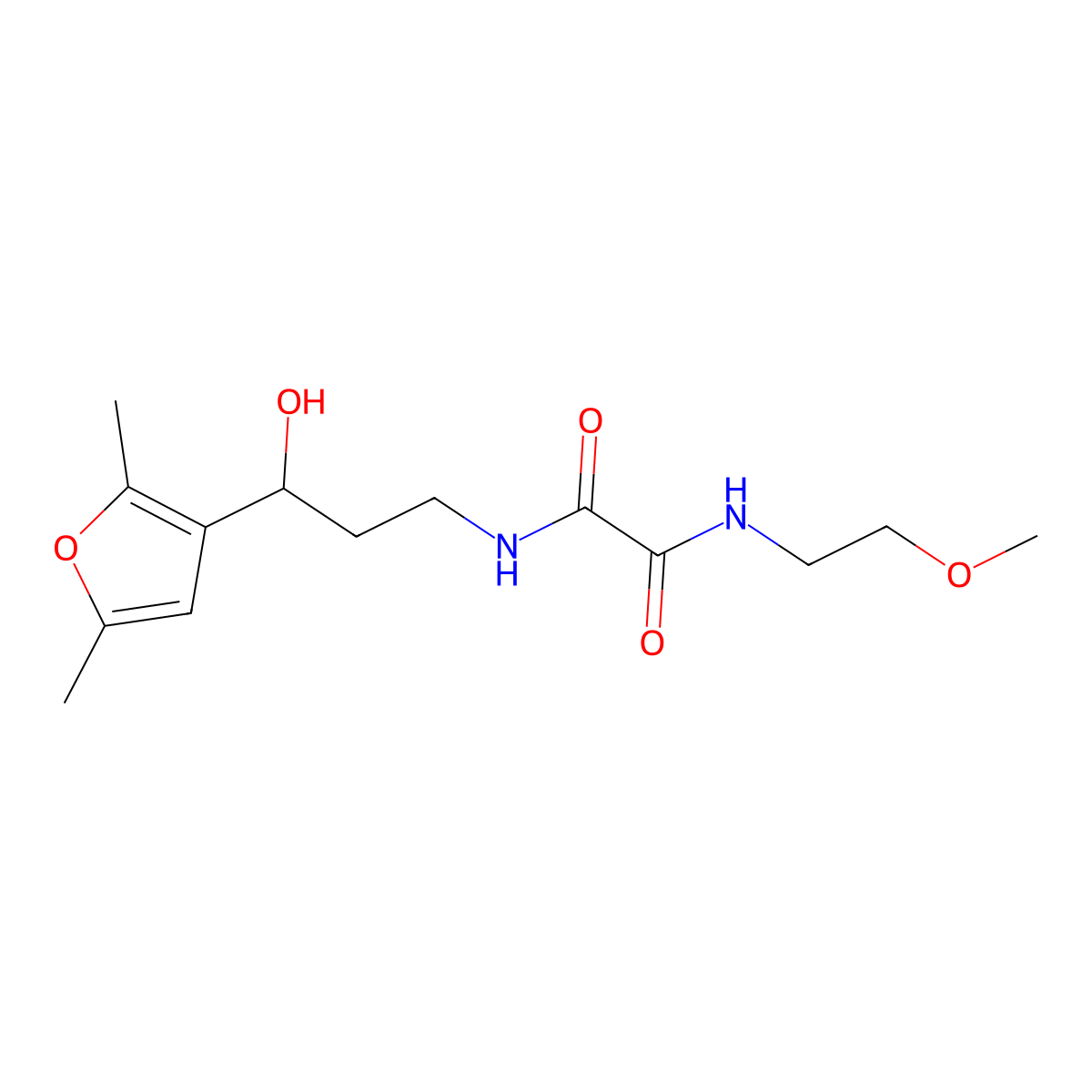 N1-(3-(2,5-dimethylfuran-3-yl)-3-hydroxypropyl)-N2-(2-methoxyethyl)oxalamide molecular structure, CAS 1421505-75-0
