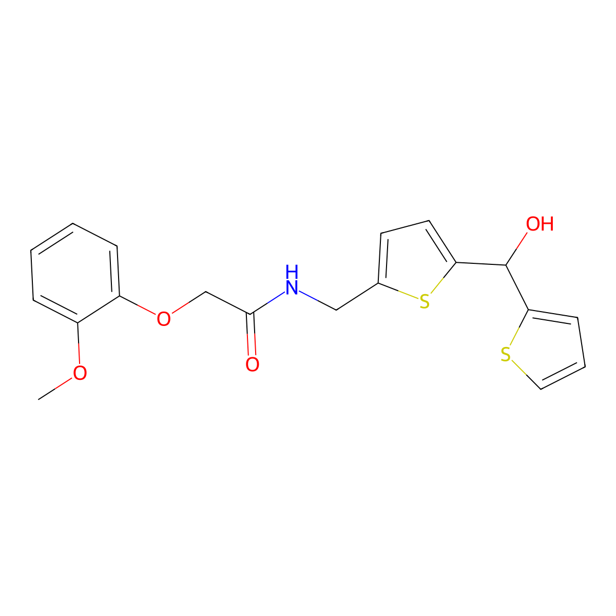 N-((5-(hydroxy(thiophen-2-yl)methyl)thiophen-2-yl)methyl)-2-(2-methoxyphenoxy)acetamide molecular structure, CAS 1421505-96-5