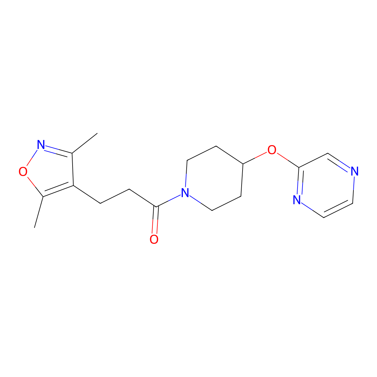3-(3,5-Dimethylisoxazol-4-yl)-1-(4-(pyrazin-2-yloxy)piperidin-1-yl)propan-1-one molecular structure, CAS 1421506-19-5