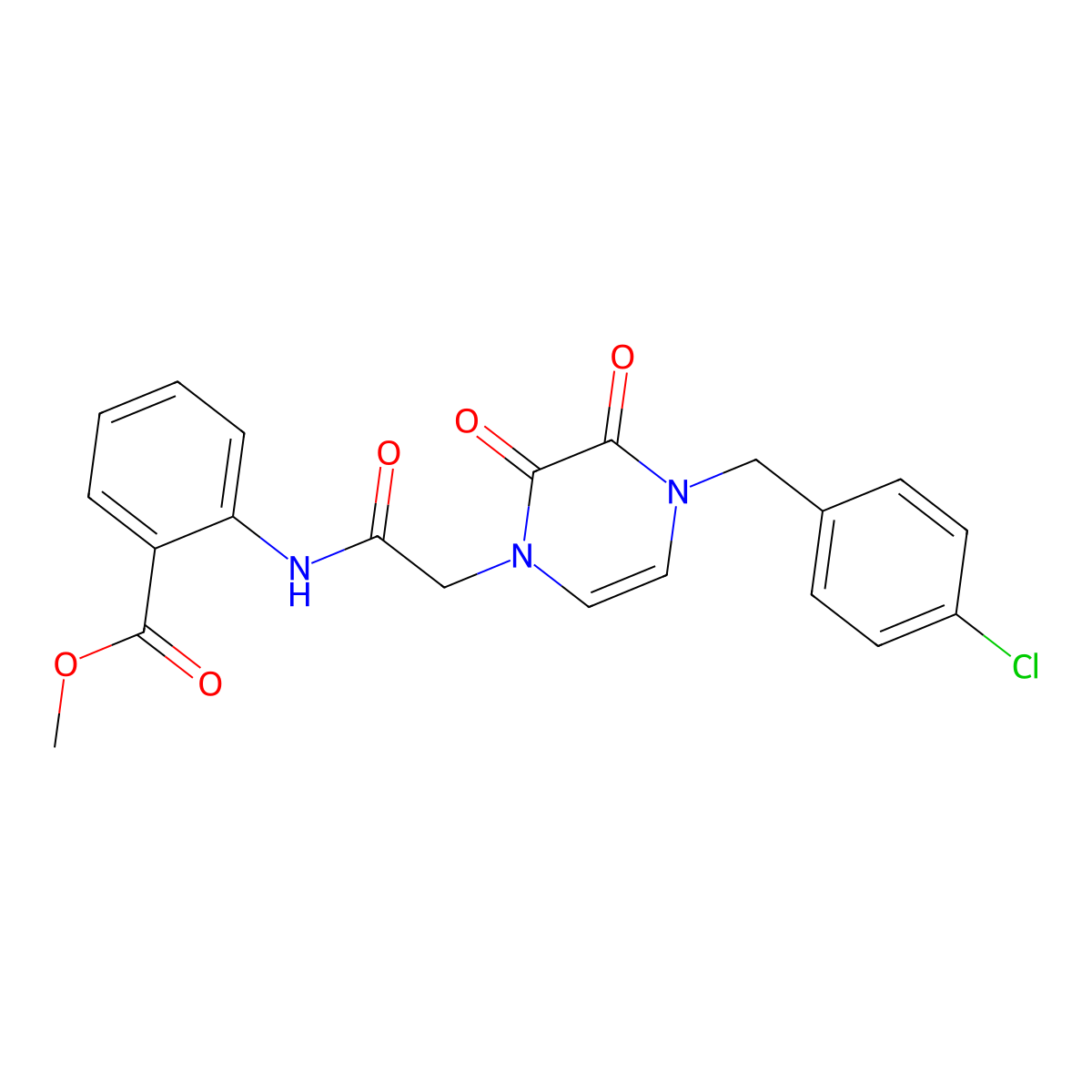 methyl 2-(2-(4-(4-chlorobenzyl)-2,3-dioxo-3,4-dihydropyrazin-1(2H)-yl)acetamido)benzoate molecular structure, CAS 1421506-28-6