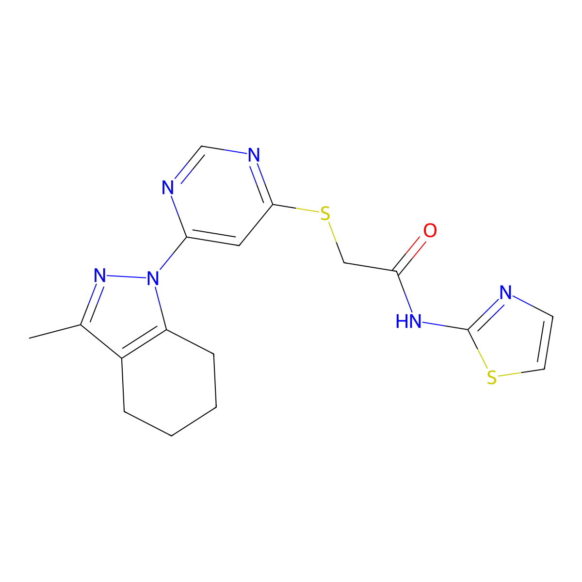 2-((6-(3-methyl-4,5,6,7-tetrahydro-1H-indazol-1-yl)pyrimidin-4-yl)thio)-N-(thiazol-2-yl)acetamide molecular structure, CAS 1421506-31-1