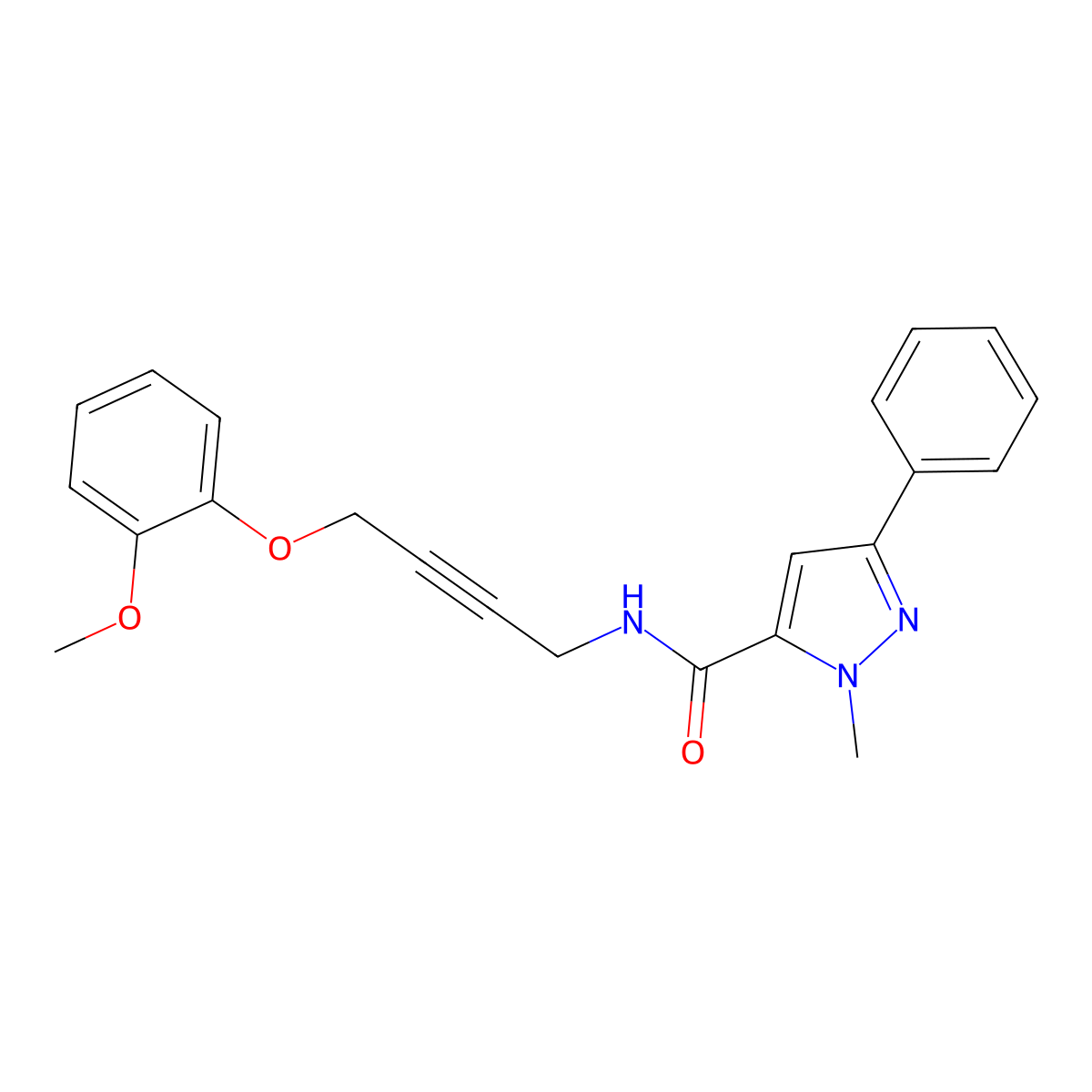 N-(4-(2-methoxyphenoxy)but-2-yn-1-yl)-1-methyl-3-phenyl-1H-pyrazole-5-carboxamide molecular structure, CAS 1421506-36-6