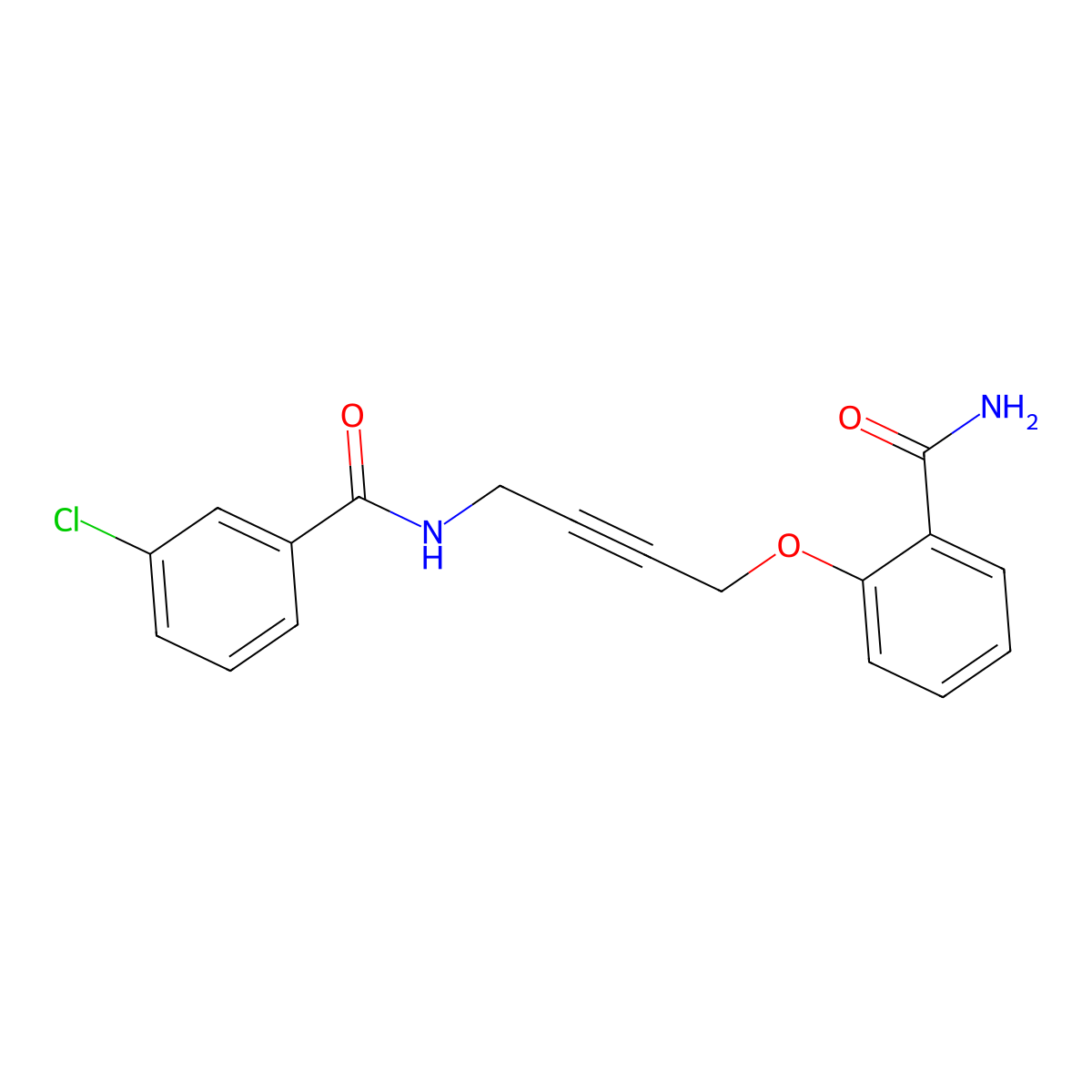 N-(4-(2-carbamoylphenoxy)but-2-yn-1-yl)-3-chlorobenzamide molecular structure, CAS 1421506-45-7