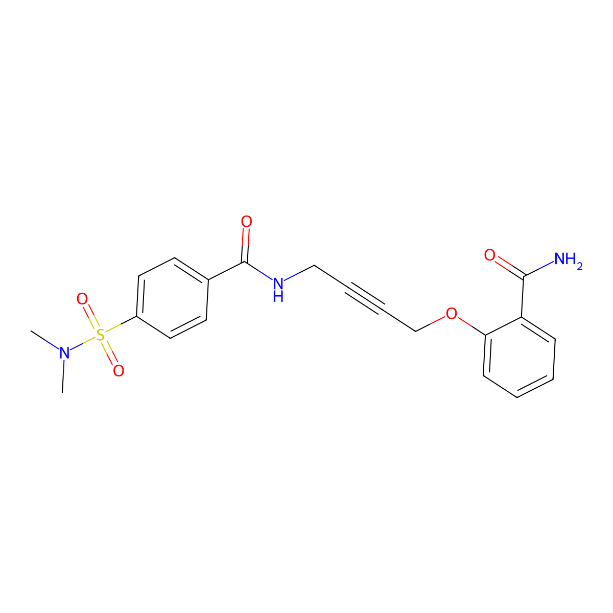 N-(4-(2-carbamoylphenoxy)but-2-yn-1-yl)-4-(N,N-dimethylsulfamoyl)benzamide molecular structure, CAS 1421506-48-0