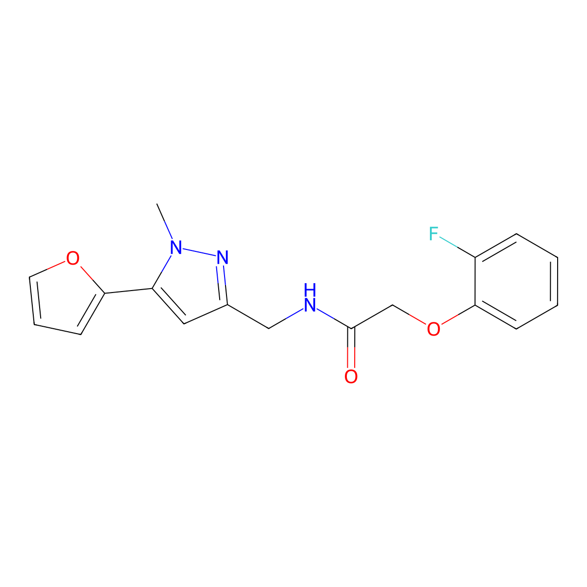 2-(2-fluorophenoxy)-N-((5-(furan-2-yl)-1-methyl-1H-pyrazol-3-yl)methyl)acetamide molecular structure, CAS 1421506-80-0