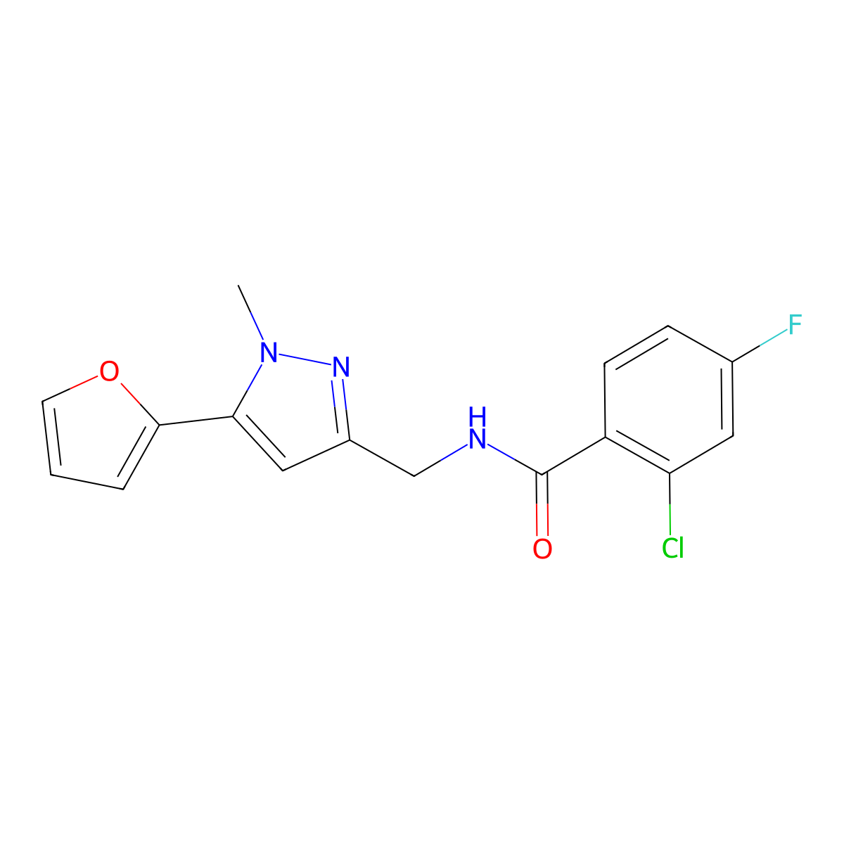 2-chloro-4-fluoro-N-{[5-(furan-2-yl)-1-methyl-1H-pyrazol-3-yl]methyl}benzamide molecular structure, CAS 1421506-82-2