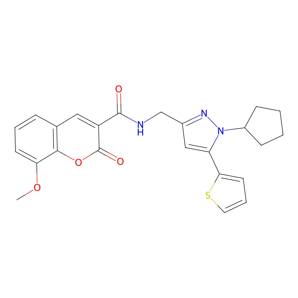 N-{[1-cyclopentyl-5-(thiophen-2-yl)-1H-pyrazol-3-yl]methyl}-8-methoxy-2-oxo-2H-chromene-3-carboxamide molecular structure, CAS 1421506-94-6