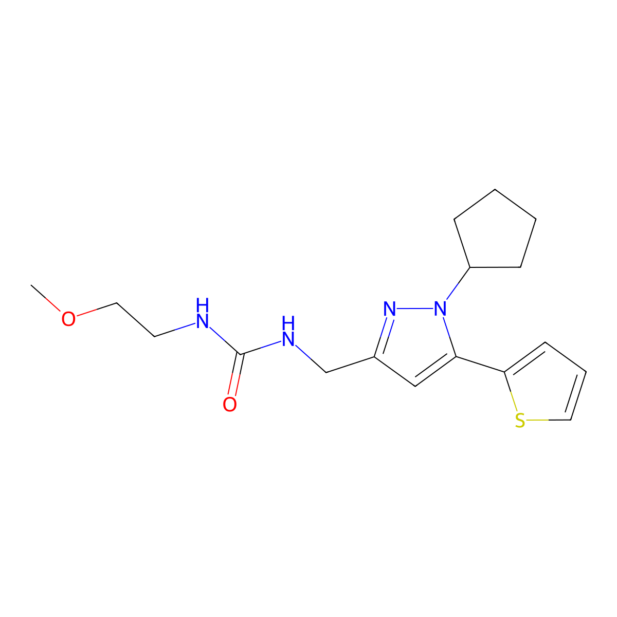 1-{[1-cyclopentyl-5-(thiophen-2-yl)-1H-pyrazol-3-yl]methyl}-3-(2-methoxyethyl)urea molecular structure, CAS 1421506-96-8