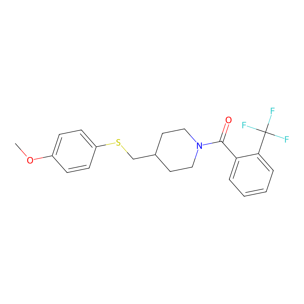 (4-(((4-Methoxyphenyl)thio)methyl)piperidin-1-yl)(2-(trifluoromethyl)phenyl)methanone molecular structure, CAS 1421507-04-1