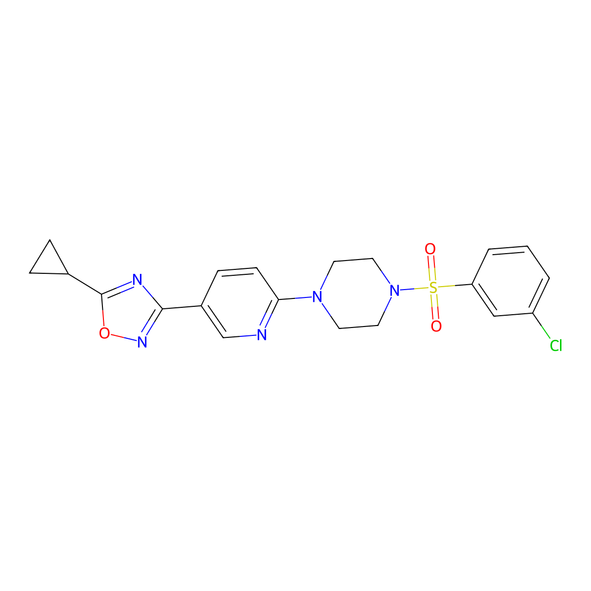 3-(6-(4-((3-Chlorophenyl)sulfonyl)piperazin-1-yl)pyridin-3-yl)-5-cyclopropyl-1,2,4-oxadiazole molecular structure, CAS 1421507-32-5