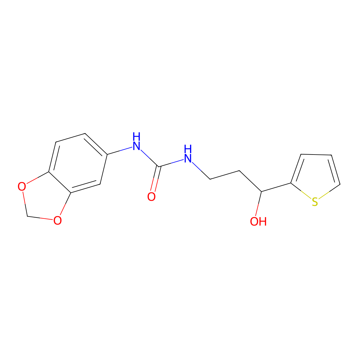 1-(Benzo[d][1,3]dioxol-5-yl)-3-(3-hydroxy-3-(thiophen-2-yl)propyl)urea molecular structure, CAS 1421507-35-8