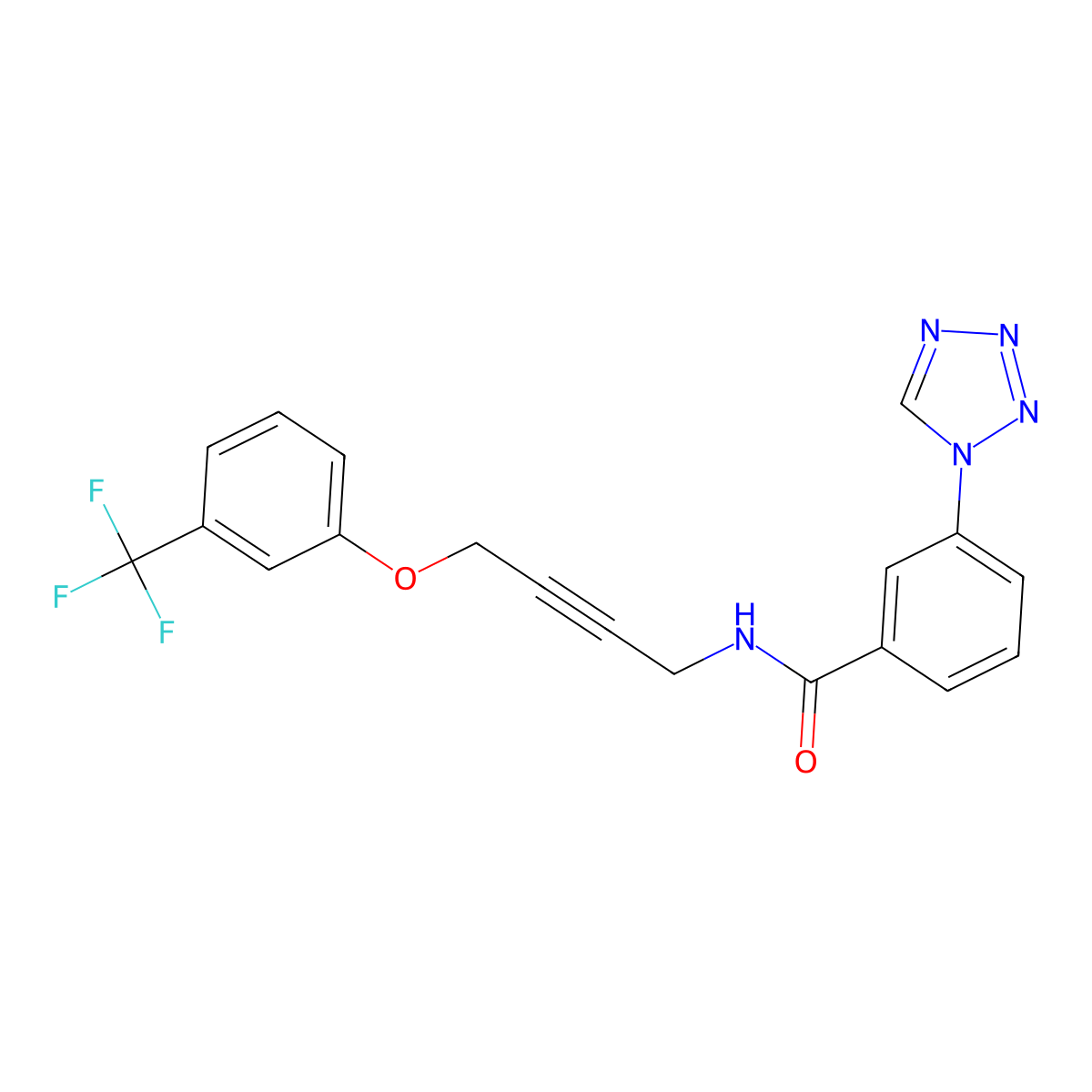 3-(1H-tetrazol-1-yl)-N-(4-(3-(trifluoromethyl)phenoxy)but-2-yn-1-yl)benzamide molecular structure, CAS 1421507-50-7