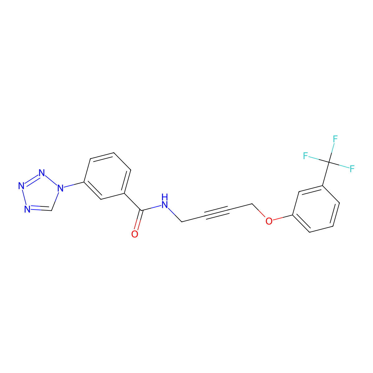 3-(1H-tetrazol-1-yl)-N-(4-(3-(trifluoromethyl)phenoxy)but-2-yn-1-yl)benzamide molecular structure, CAS 1421507-50-7