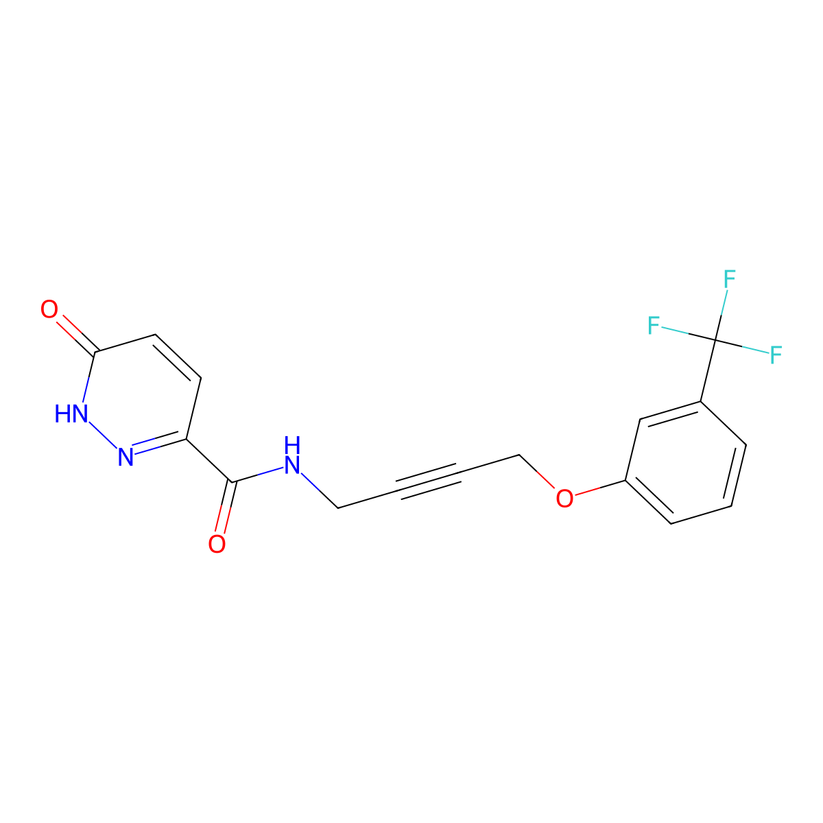 6-oxo-N-(4-(3-(trifluoromethyl)phenoxy)but-2-yn-1-yl)-1,6-dihydropyridazine-3-carboxamide molecular structure, CAS 1421507-55-2