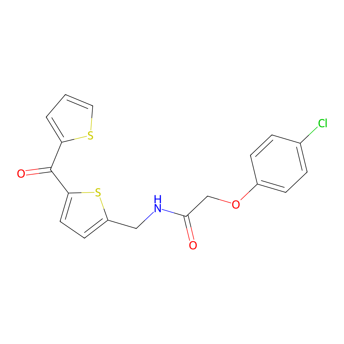 2-(4-chlorophenoxy)-N-((5-(thiophene-2-carbonyl)thiophen-2-yl)methyl)acetamide molecular structure, CAS 1421507-59-6