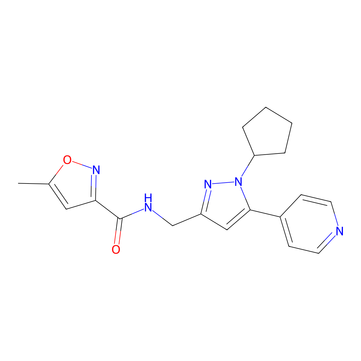 N-((1-cyclopentyl-5-(pyridin-4-yl)-1H-pyrazol-3-yl)methyl)-5-methylisoxazole-3-carboxamide molecular structure, CAS 1421507-61-0