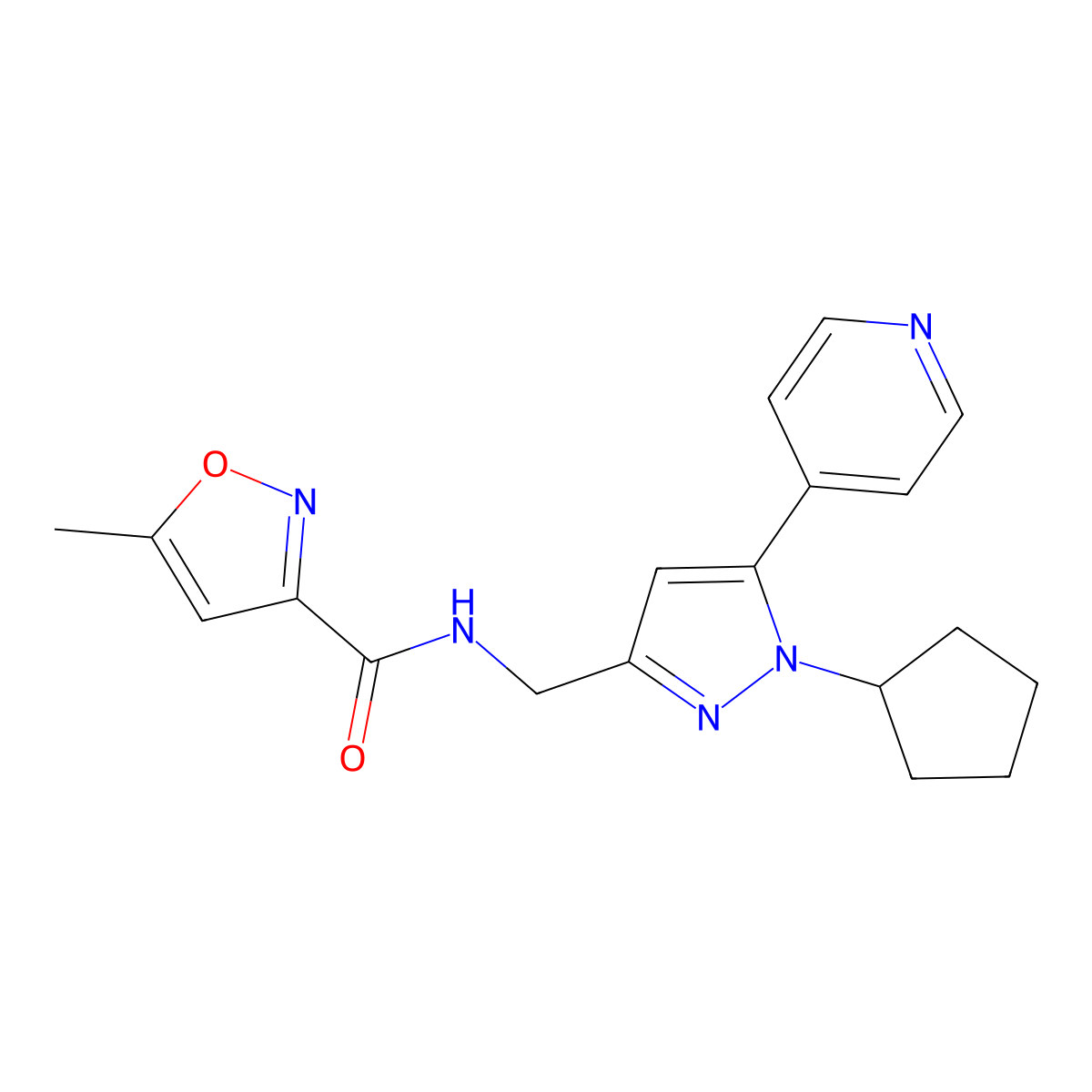 N-((1-cyclopentyl-5-(pyridin-4-yl)-1H-pyrazol-3-yl)methyl)-5-methylisoxazole-3-carboxamide molecular structure, CAS 1421507-61-0