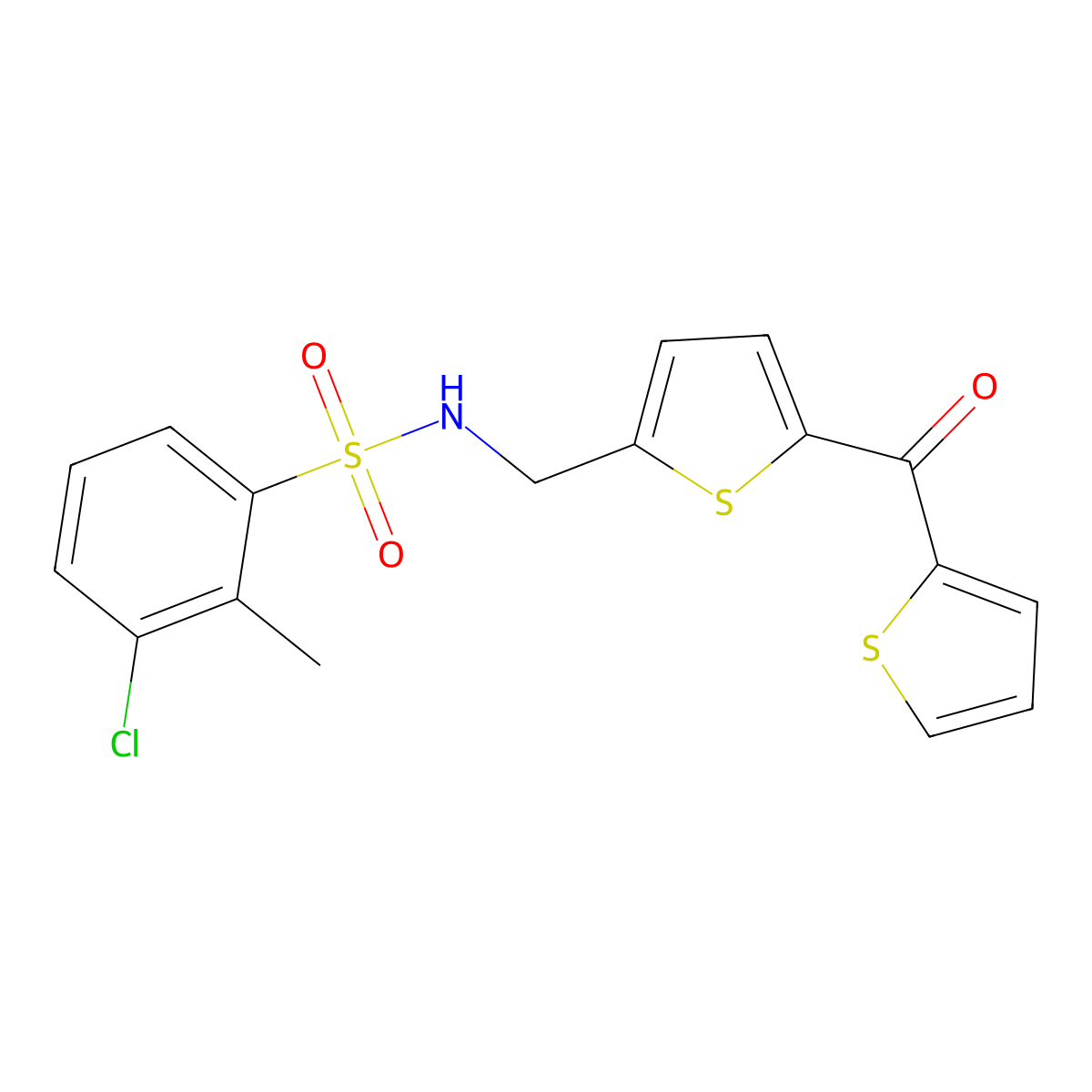 3-chloro-2-methyl-N-((5-(thiophene-2-carbonyl)thiophen-2-yl)methyl)benzenesulfonamide molecular structure, CAS 1421507-66-5