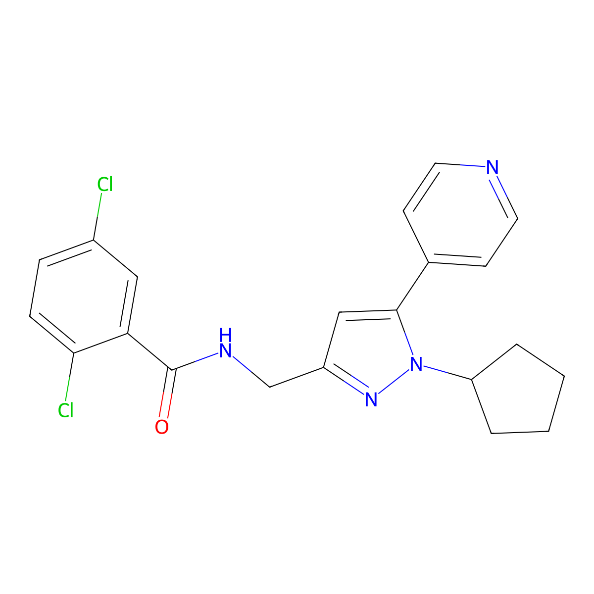 2,5-dichloro-N-((1-cyclopentyl-5-(pyridin-4-yl)-1H-pyrazol-3-yl)methyl)benzamide molecular structure, CAS 1421507-70-1