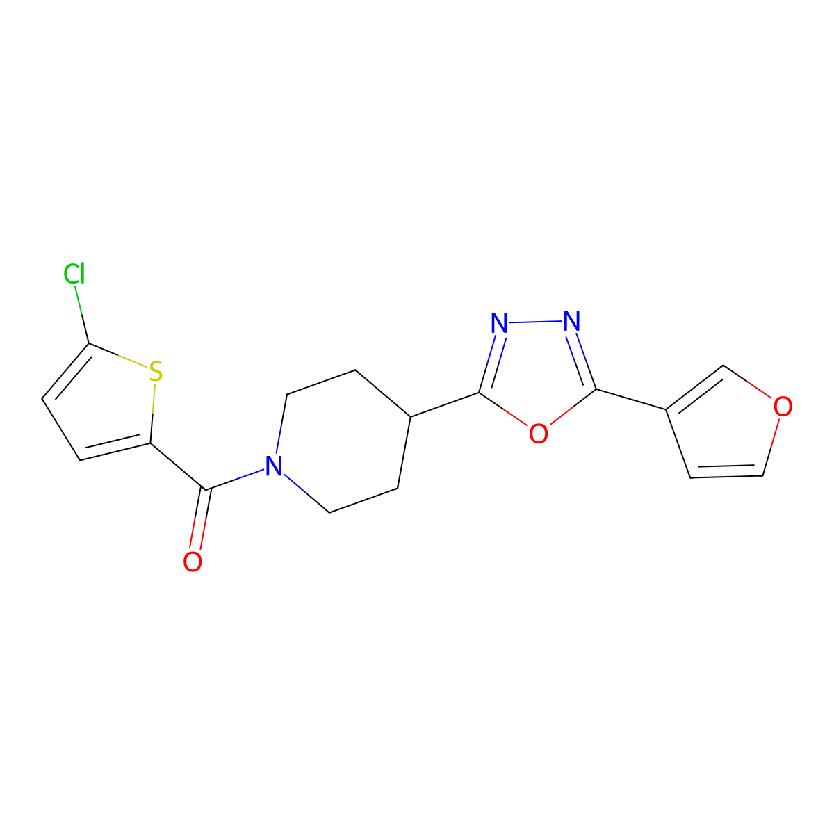 (5-Chlorothiophen-2-yl)(4-(5-(furan-3-yl)-1,3,4-oxadiazol-2-yl)piperidin-1-yl)methanone molecular structure, CAS 1421507-72-3