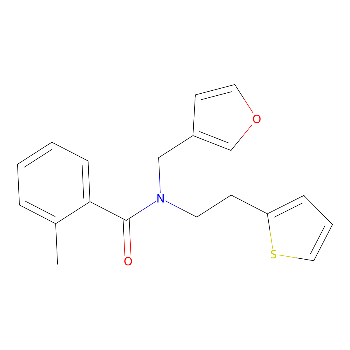 N-(furan-3-ylmethyl)-2-methyl-N-(2-(thiophen-2-yl)ethyl)benzamide molecular structure, CAS 1421507-76-7